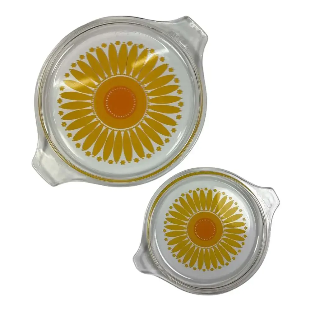 Vintage Pyrex Yellow Sunflower Daisy 475 473 Casserole Dish w/ Lids 2.5 Qt 1 Qt